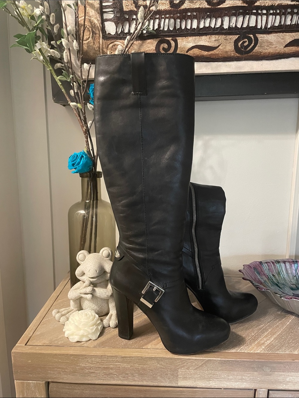 Michael Kors Black Leather Knee-High Heeled Boots